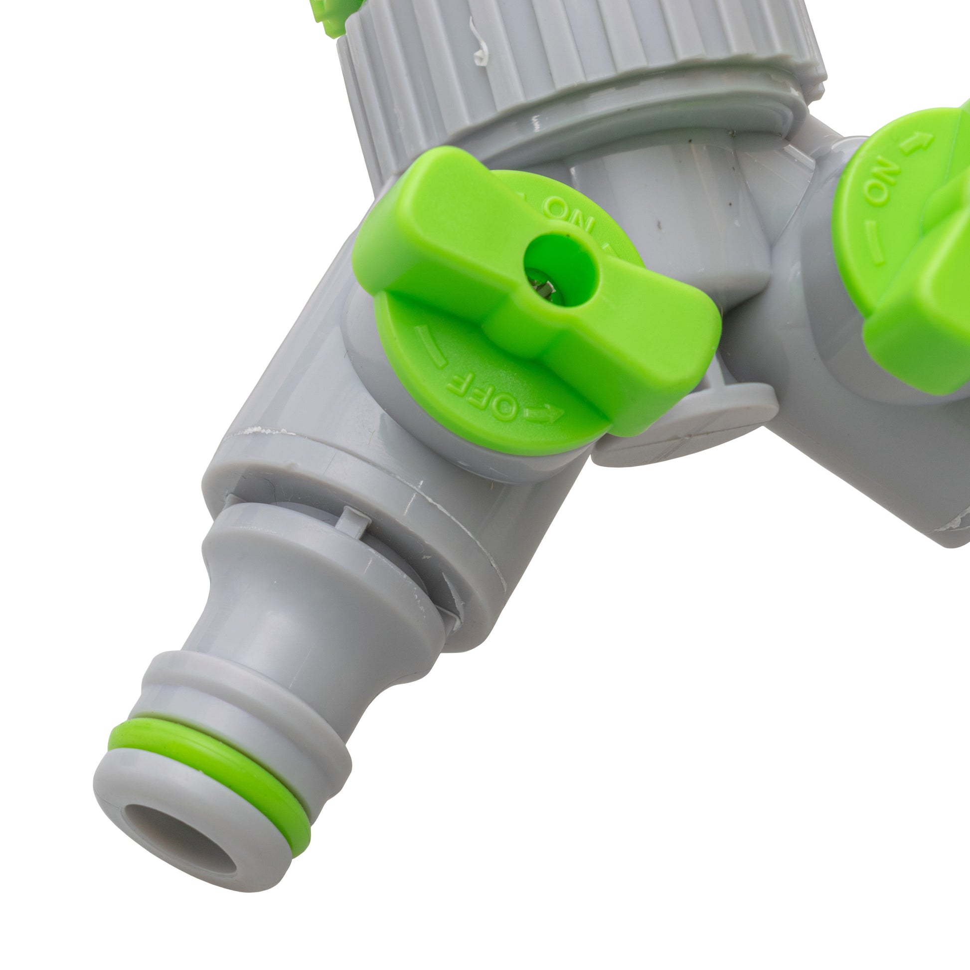 2-Way Tap Connector With Valves 1" or 3/4" BSP Female, Green/Gray
