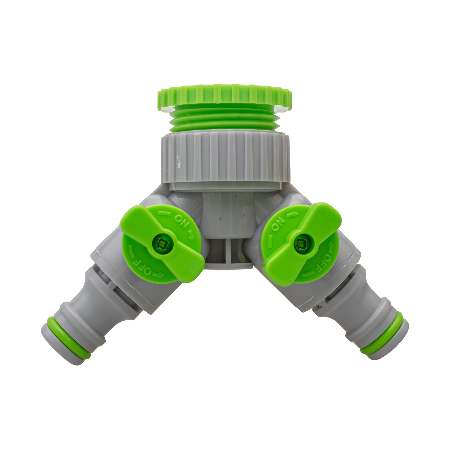 2-Way Tap Connector With Valves 1" or 3/4" BSP Female, Green/Gray
