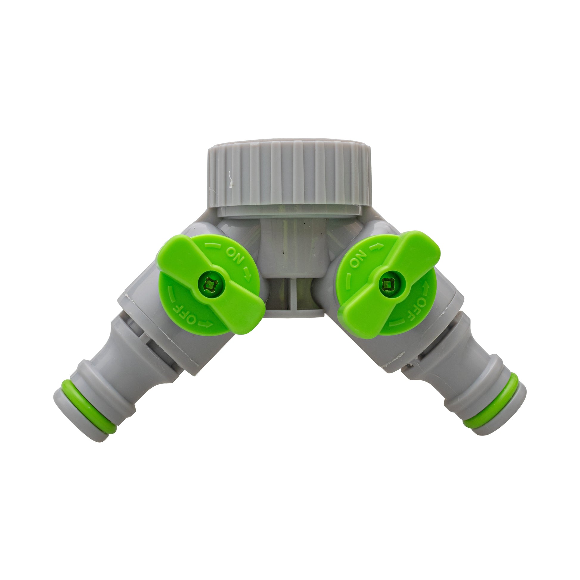2-Way Tap Connector With Valves 1" or 3/4" BSP Female, Green/Gray