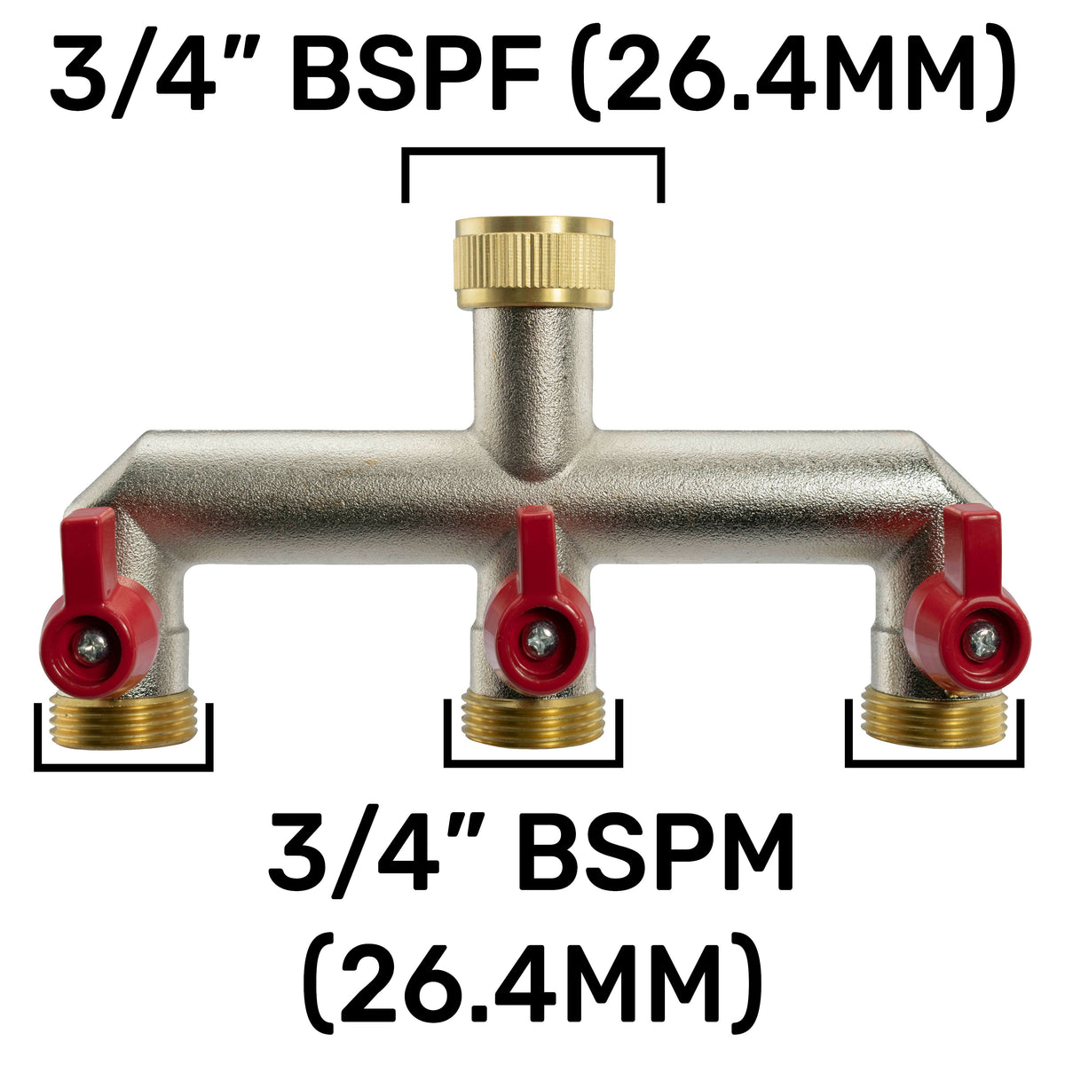 Three Way Tap Splitter Brass 3/4in BSP with Quick Connect Outlets Tap Adapter