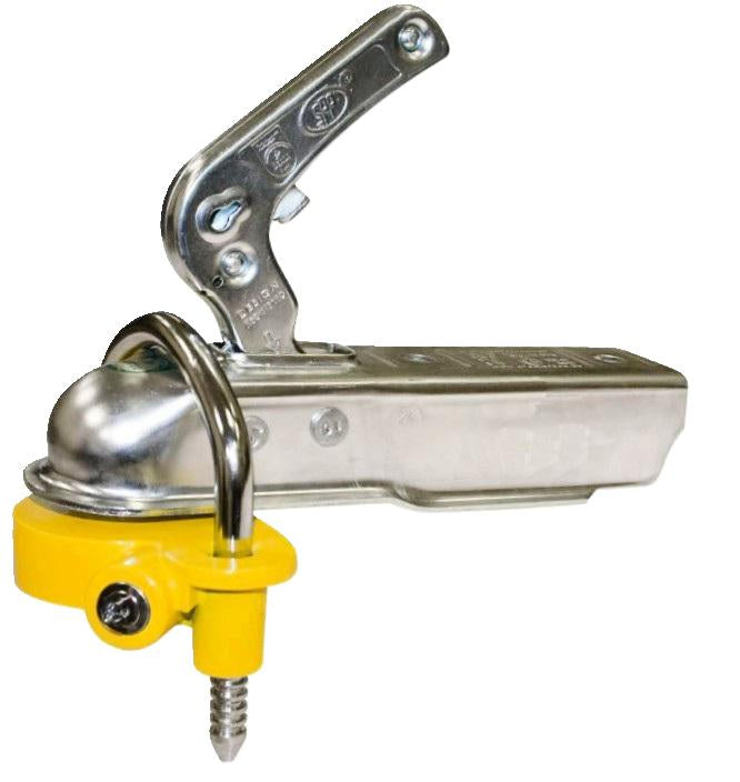Trailer Guardian Universal Hitch Lock fits 50mm couplings, with an adjustable yellow ball lock.
