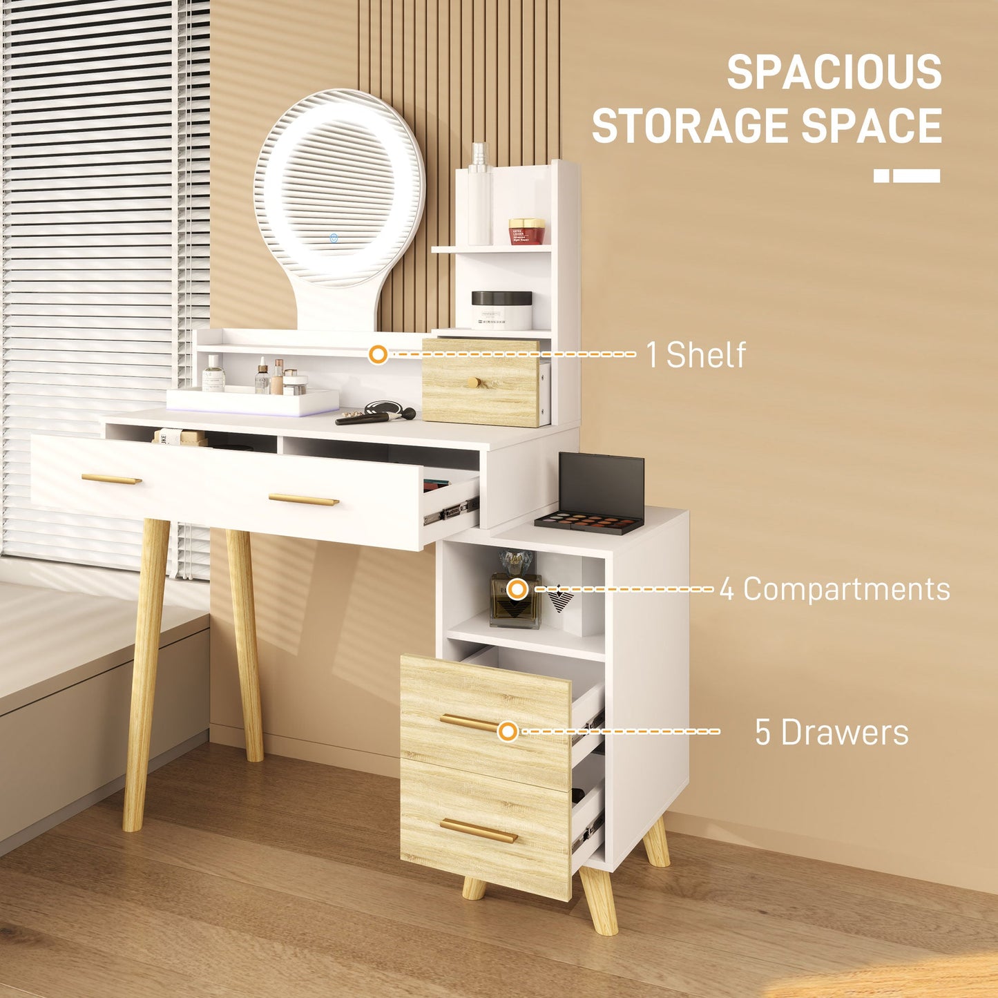 HOMCOM Dressing Table with Mirror, Vanity Table with LED Lights, White