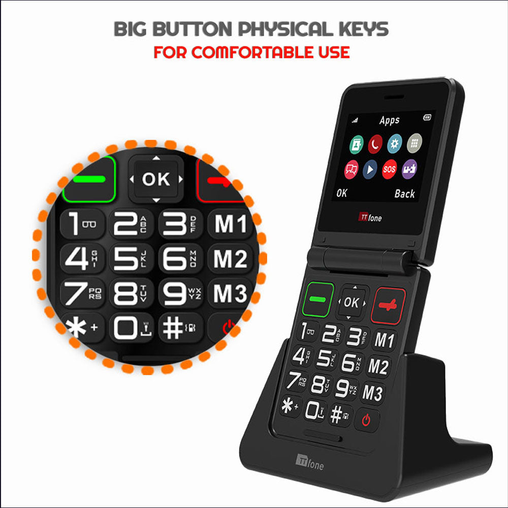 TTfone TT660 Flip Big Button Mobile with O2 SIM, USB C Mains Charger