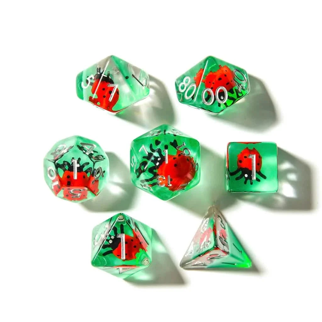 Red Ladybugs | Soft Edge Dice | Resin | 7 Piece Set