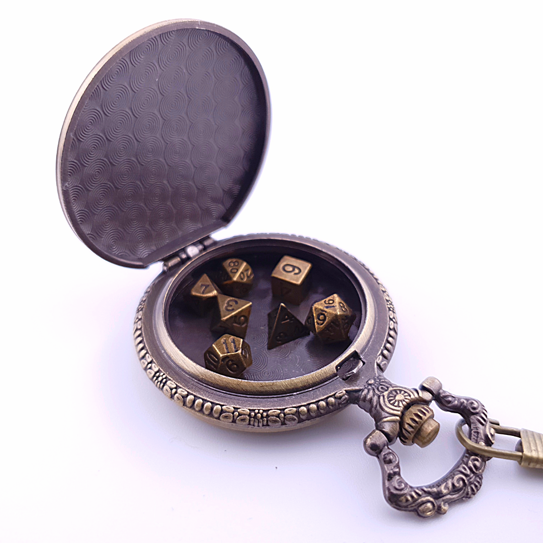 Adventurer's Cache | Pocket Watch Dice Case | Mini Dice | Ancient Gold