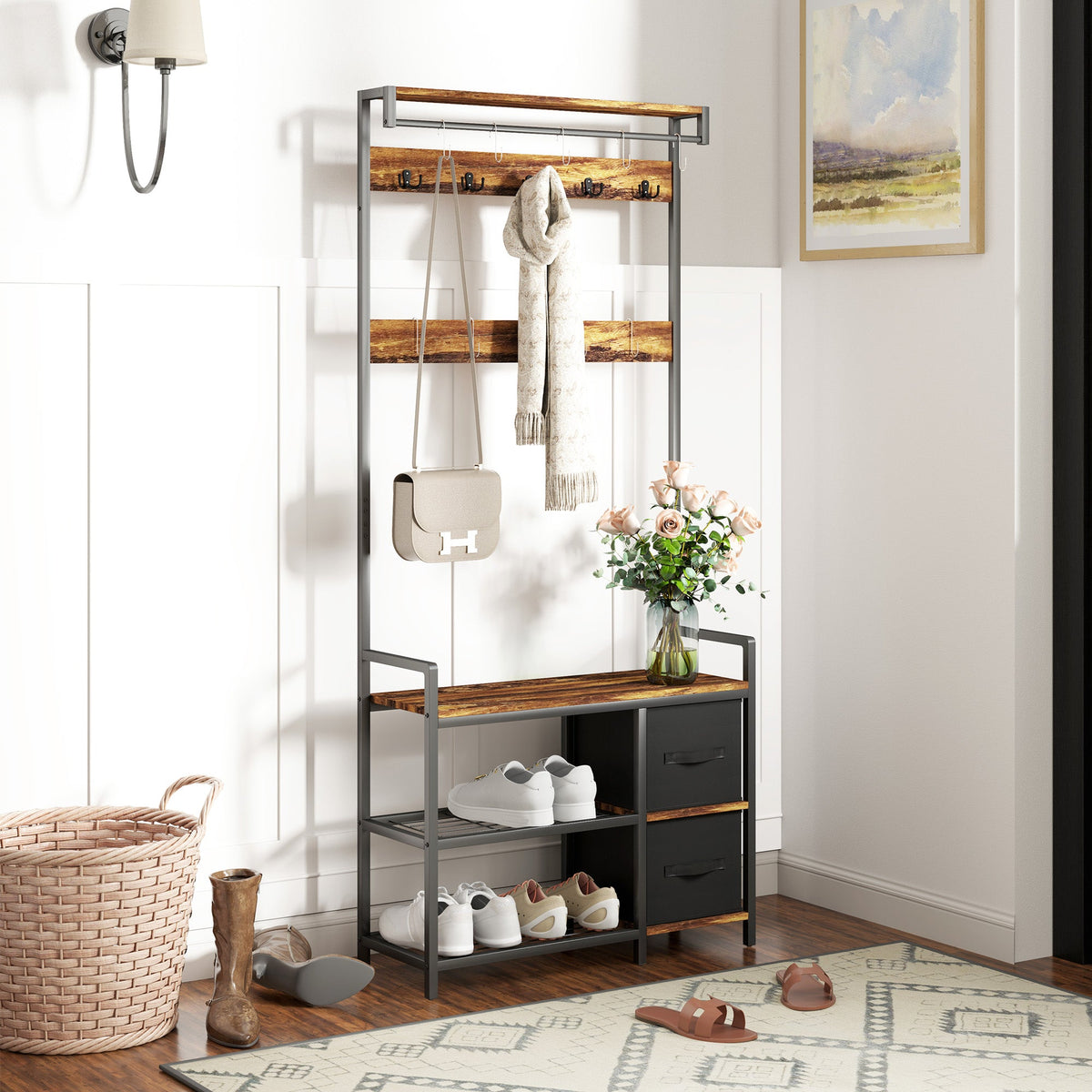 HOMCOM Coat Rack with Drawer, 4-in-1 Hall Tree with Coat Stand, Rustic Brown