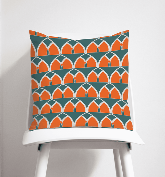 Teal and Orange Geometric Arches Design Cushion, Throw Pillow