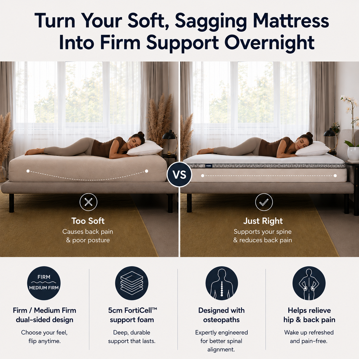 Brightr® Titan Deluxe Mattress Topper | Best Extra Firm & Maximum Support | 8 cm Reversible | Designed for Soft & Sagging Mattresses