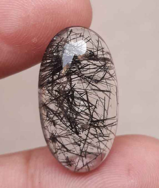 15.9ct Black Tourmalated Quartz -Cabochon Black Rutile Quartz - Rutilated Quartz -25x14x6.4mm