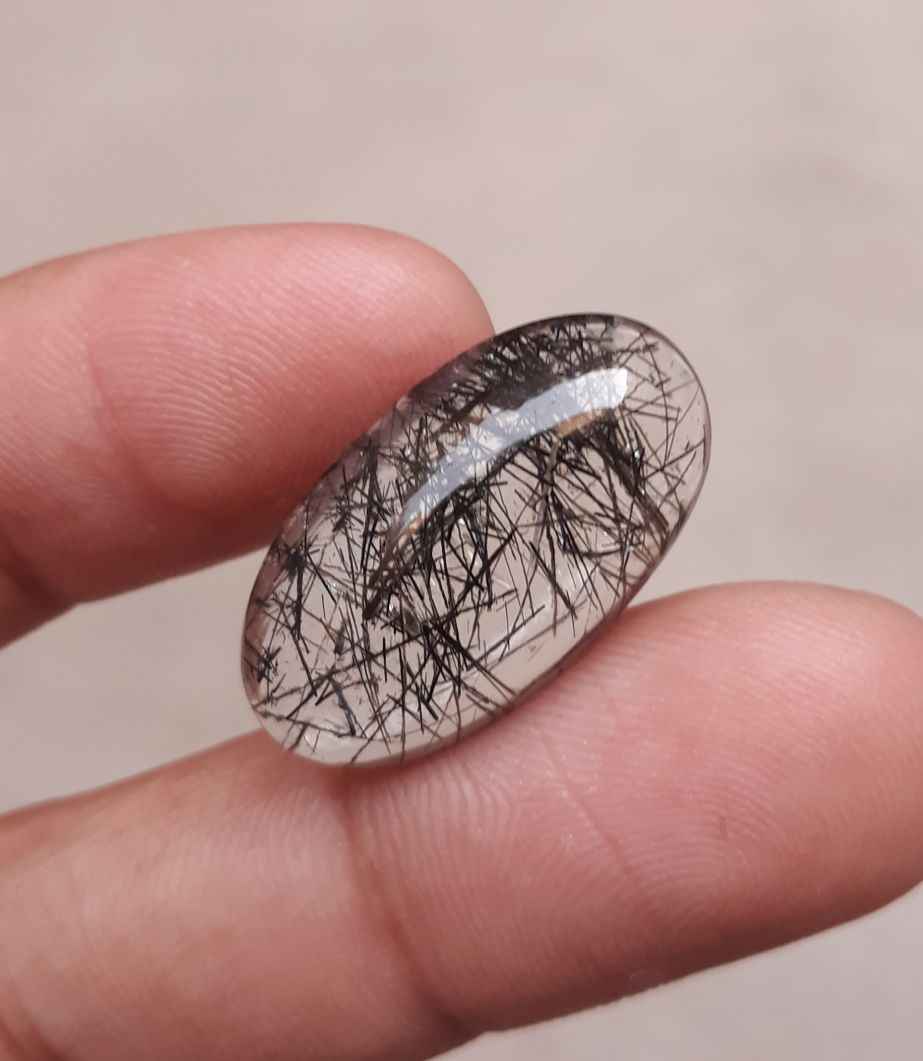 15.9ct Black Tourmalated Quartz -Cabochon Black Rutile Quartz - Rutilated Quartz -25x14x6.4mm
