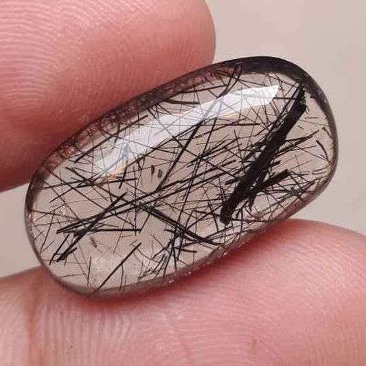17.2ct Black Tourmalated Quartz -Cabochon Black Rutile Quartz - Rutilated Quartz - 24x13.5x7mm