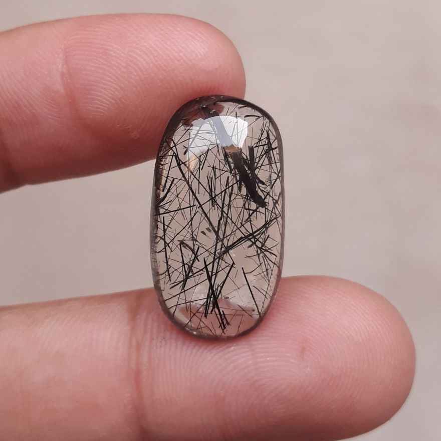 17.2ct Black Tourmalated Quartz -Cabochon Black Rutile Quartz - Rutilated Quartz - 24x13.5x7mm