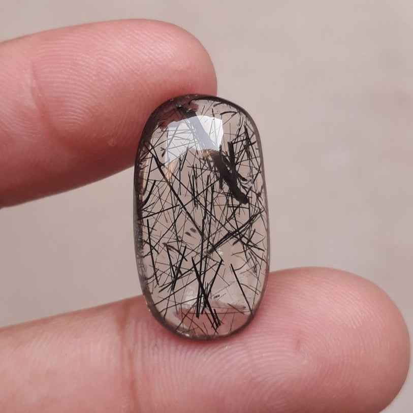 17.2ct Black Tourmalated Quartz -Cabochon Black Rutile Quartz - Rutilated Quartz - 24x13.5x7mm