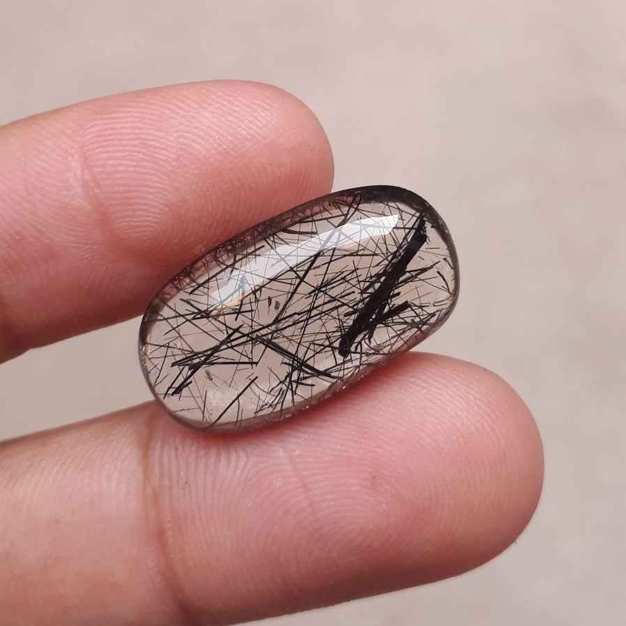 17.2ct Black Tourmalated Quartz -Cabochon Black Rutile Quartz - Rutilated Quartz - 24x13.5x7mm