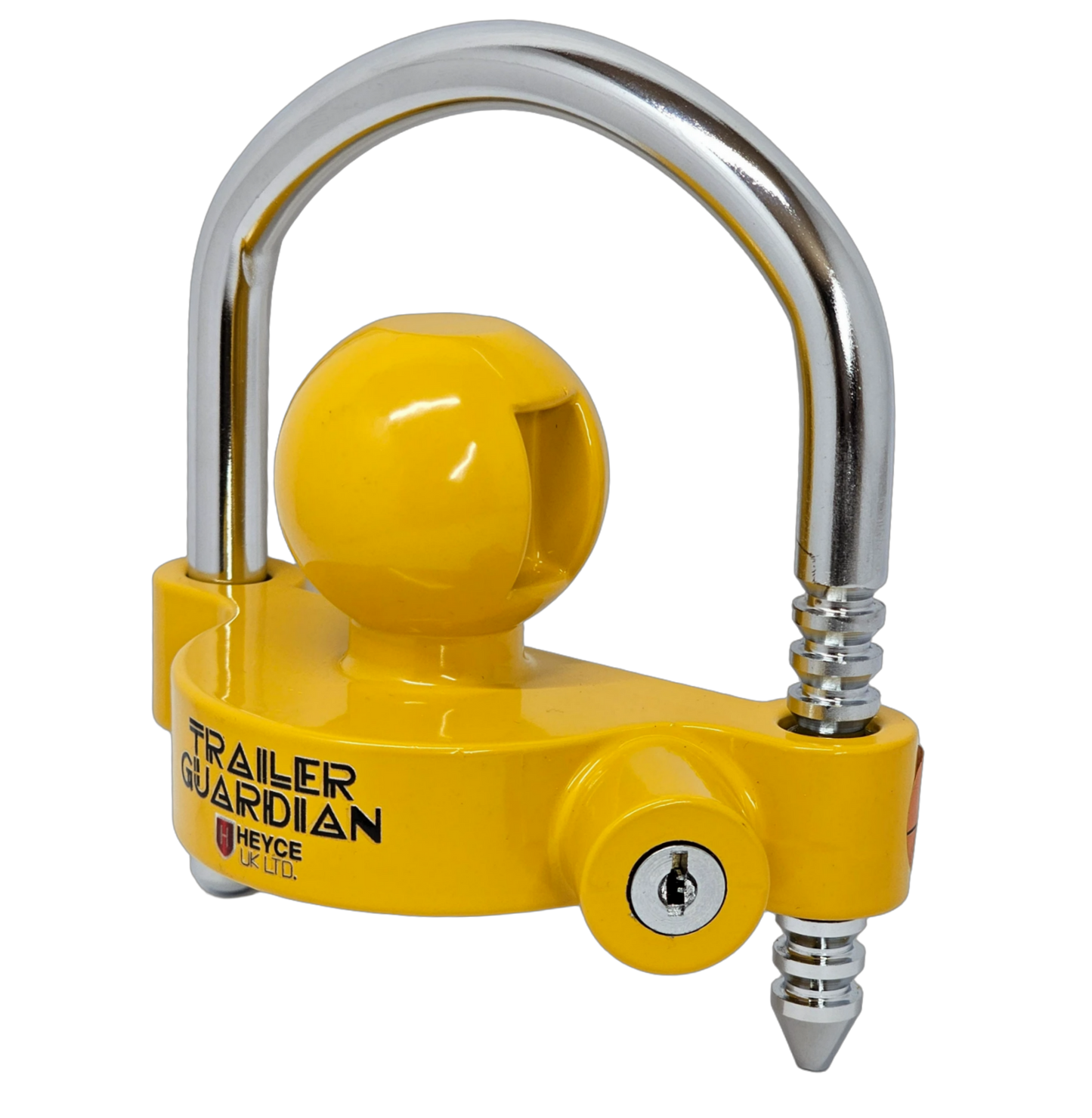 Trailer Guardian Universal Hitch Lock fits 50mm couplings, with an adjustable yellow ball lock.
