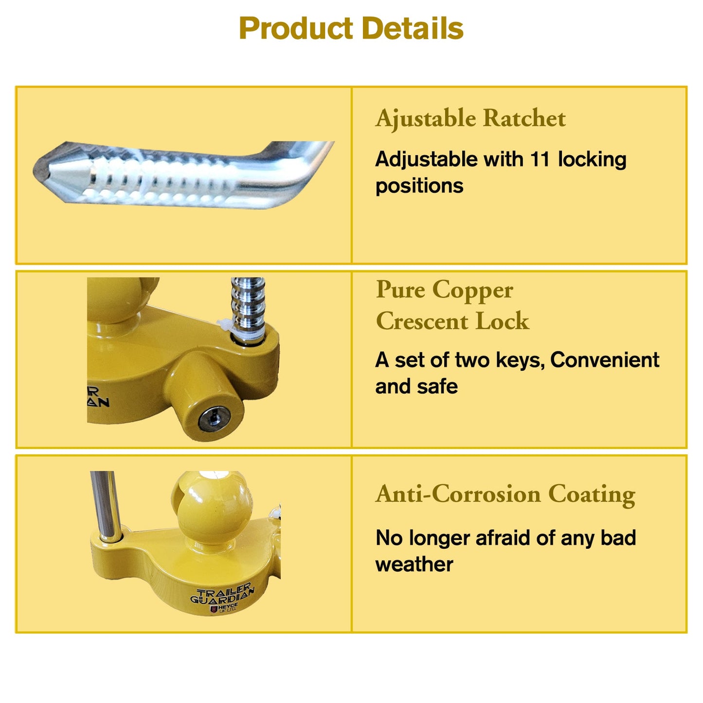 Trailer Guardian Universal Hitch Lock fits 50mm couplings, with an adjustable yellow ball lock.