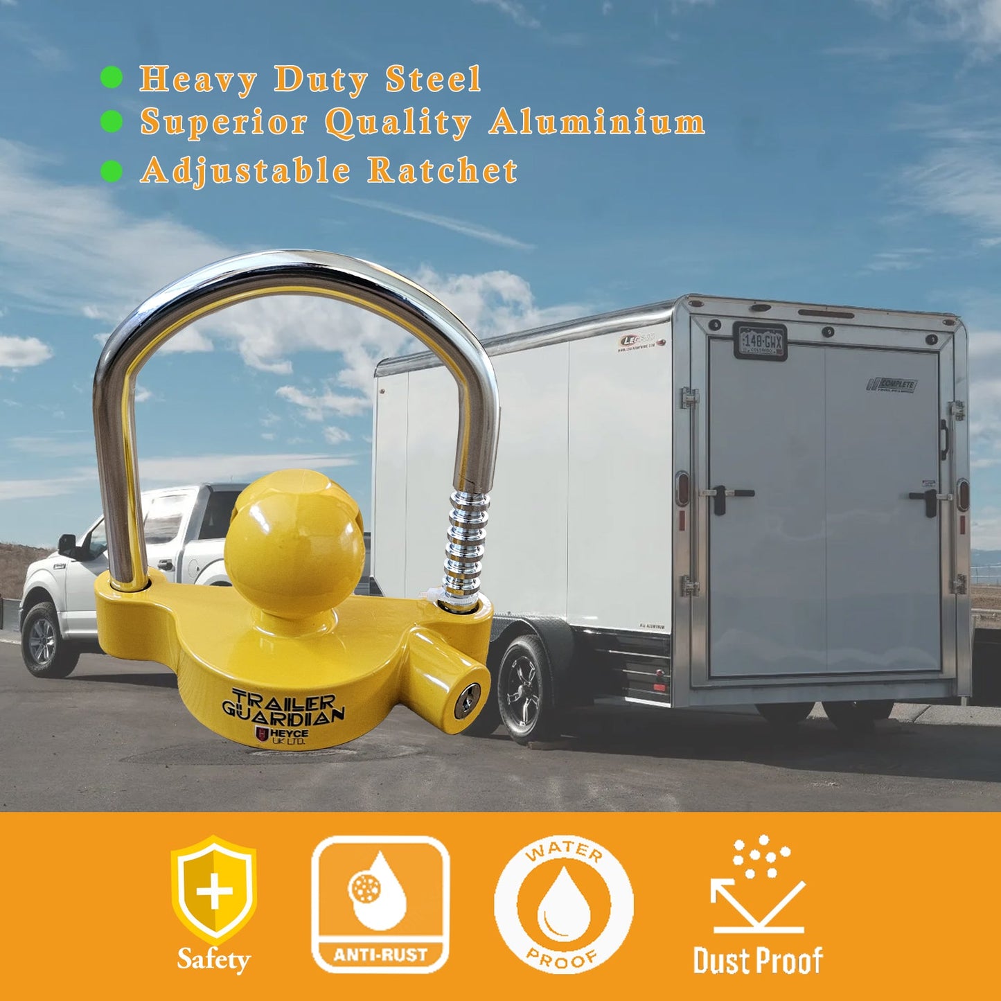 Trailer Guardian Universal Hitch Lock fits 50mm couplings, with an adjustable yellow ball lock.