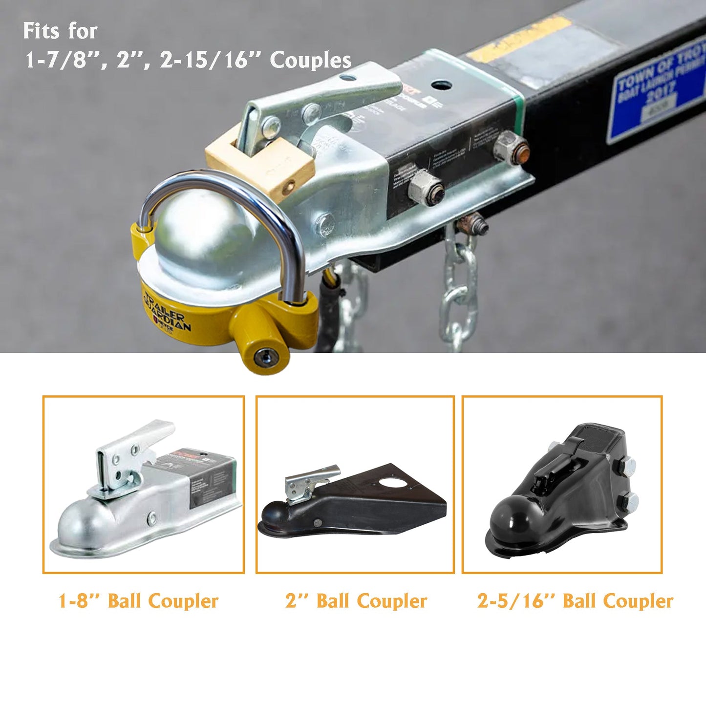 Trailer Guardian Universal Hitch Lock fits 50mm couplings, with an adjustable yellow ball lock.