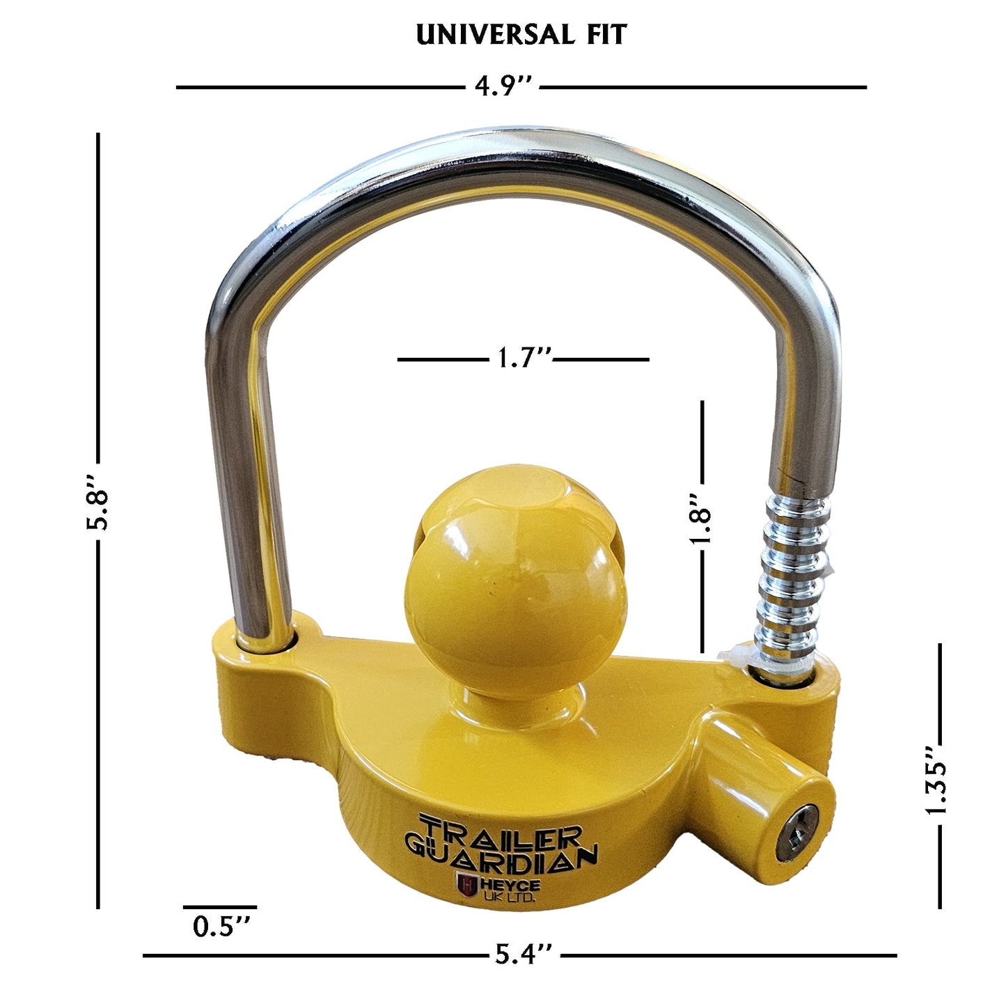 Trailer Guardian Universal Hitch Lock fits 50mm couplings, with an adjustable yellow ball lock.