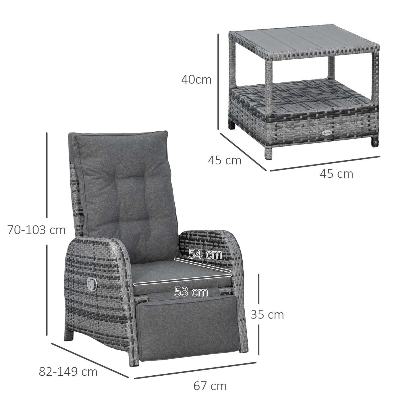 3 Pcs Rattan Chaise Lounge Sofa Set Bistro & Cushion Mixed Grey