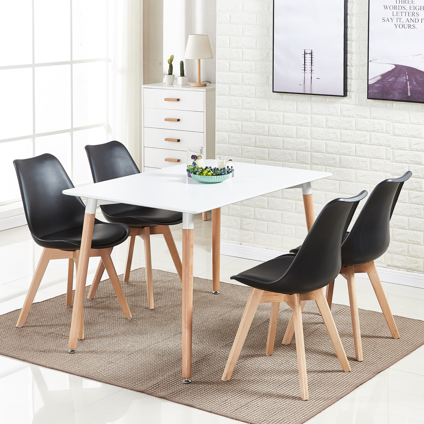 5PCs Dining Set - a White Halo Dining Table & Set of 4 Lorenzo Tulip Dining Chairs with Padded Seat