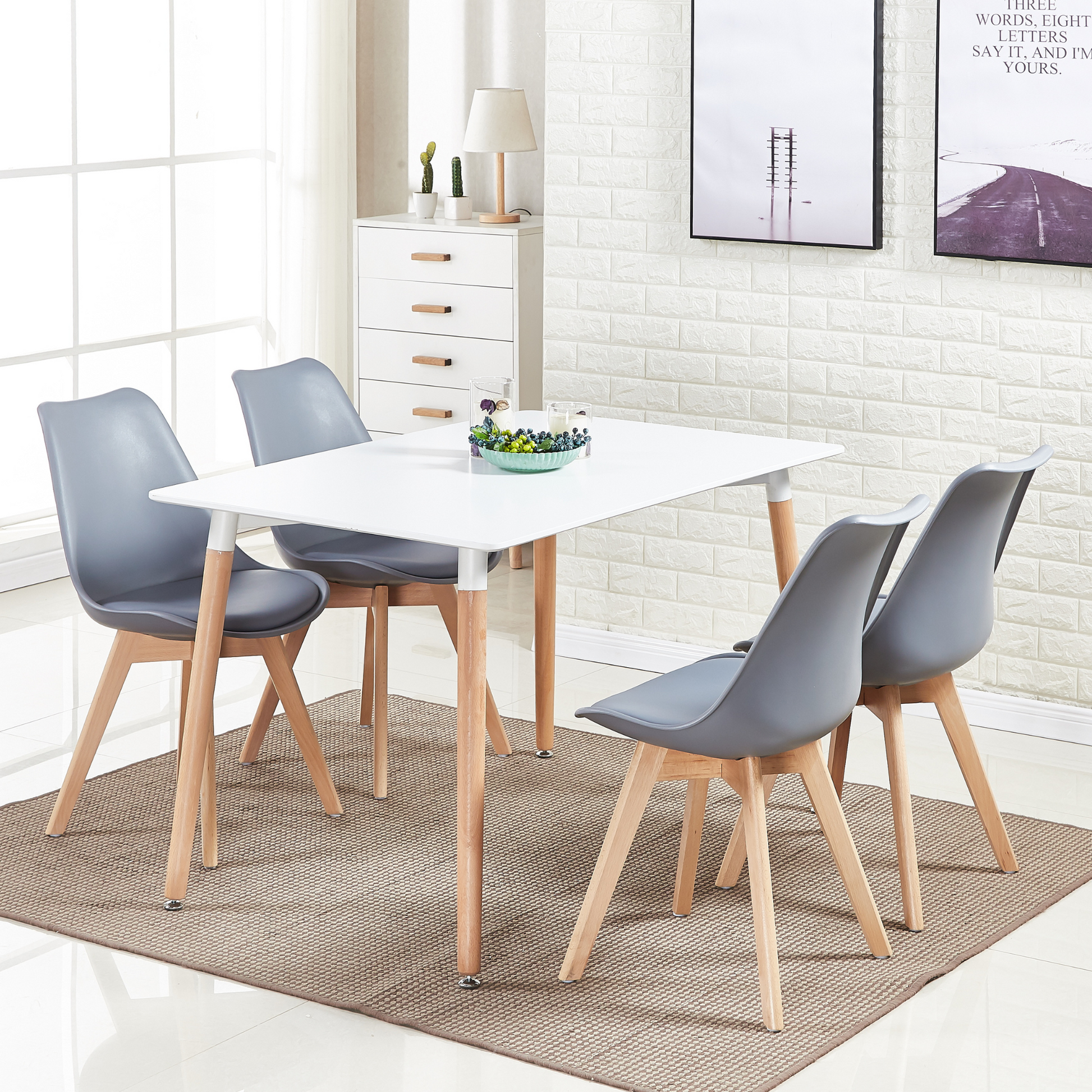 5PCs Dining Set - a White Halo Dining Table & Set of 4 Lorenzo Tulip Dining Chairs with Padded Seat