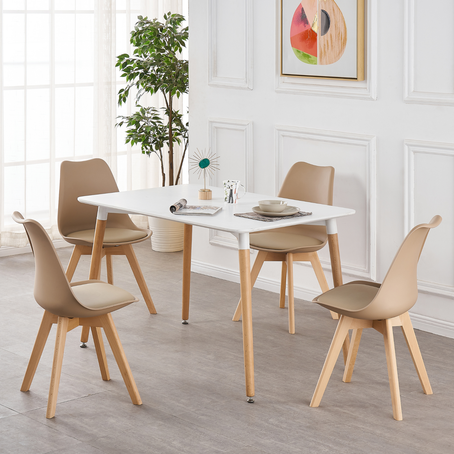 5PCs Dining Set - a White Halo Dining Table & Set of 4 Lorenzo Tulip Dining Chairs with Padded Seat