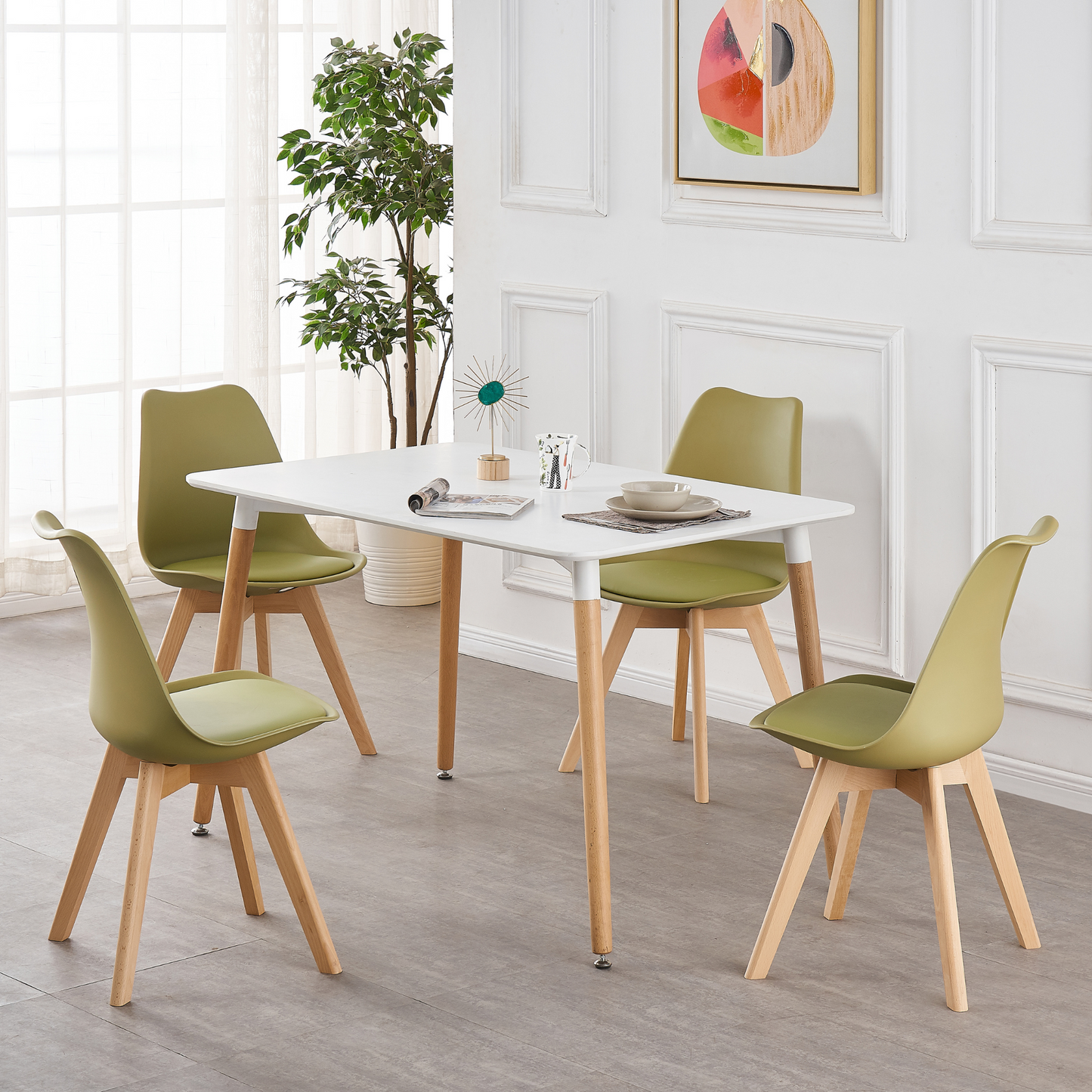5PCs Dining Set - a White Halo Dining Table & Set of 4 Lorenzo Tulip Dining Chairs with Padded Seat
