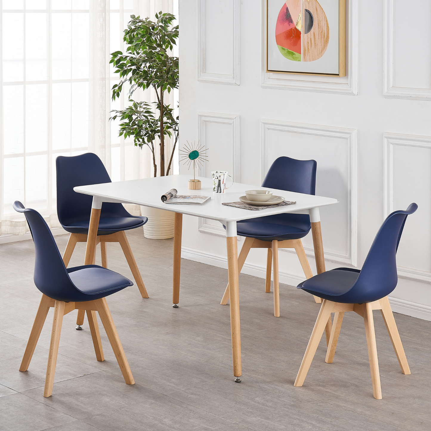 5PCs Dining Set - a White Halo Dining Table & Set of 4 Lorenzo Tulip Dining Chairs with Padded Seat