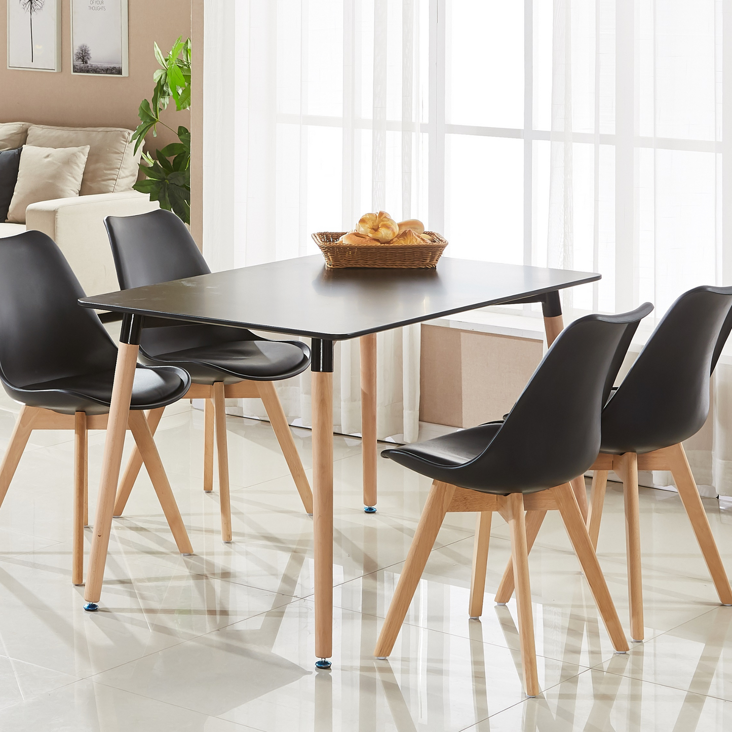 5PCs Dining Set - a Black Halo Dining Table & Set of 4 Lorenzo Tulip chairs with Padded Seat