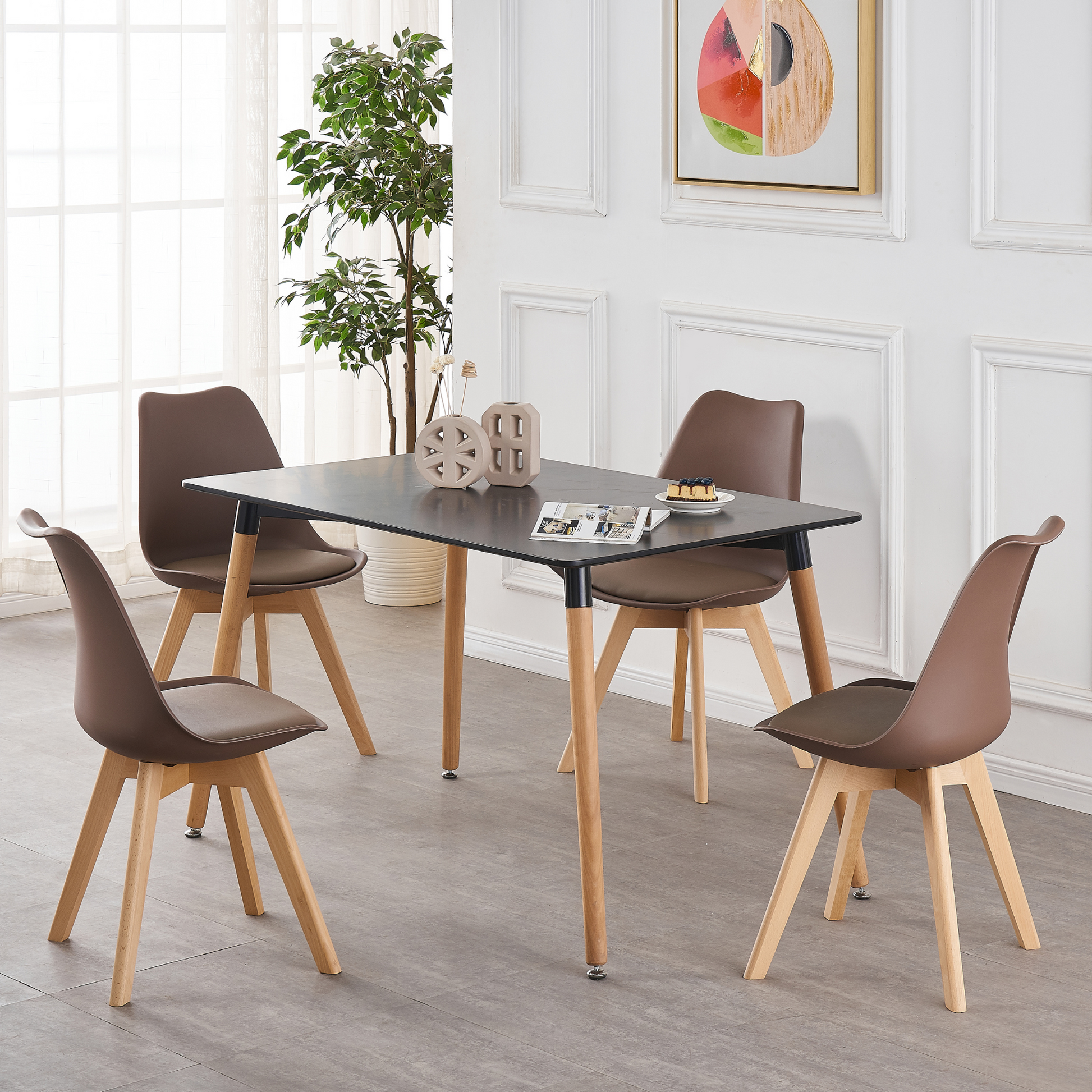 5PCs Dining Set - a Black Halo Dining Table & Set of 4 Lorenzo Tulip chairs with Padded Seat