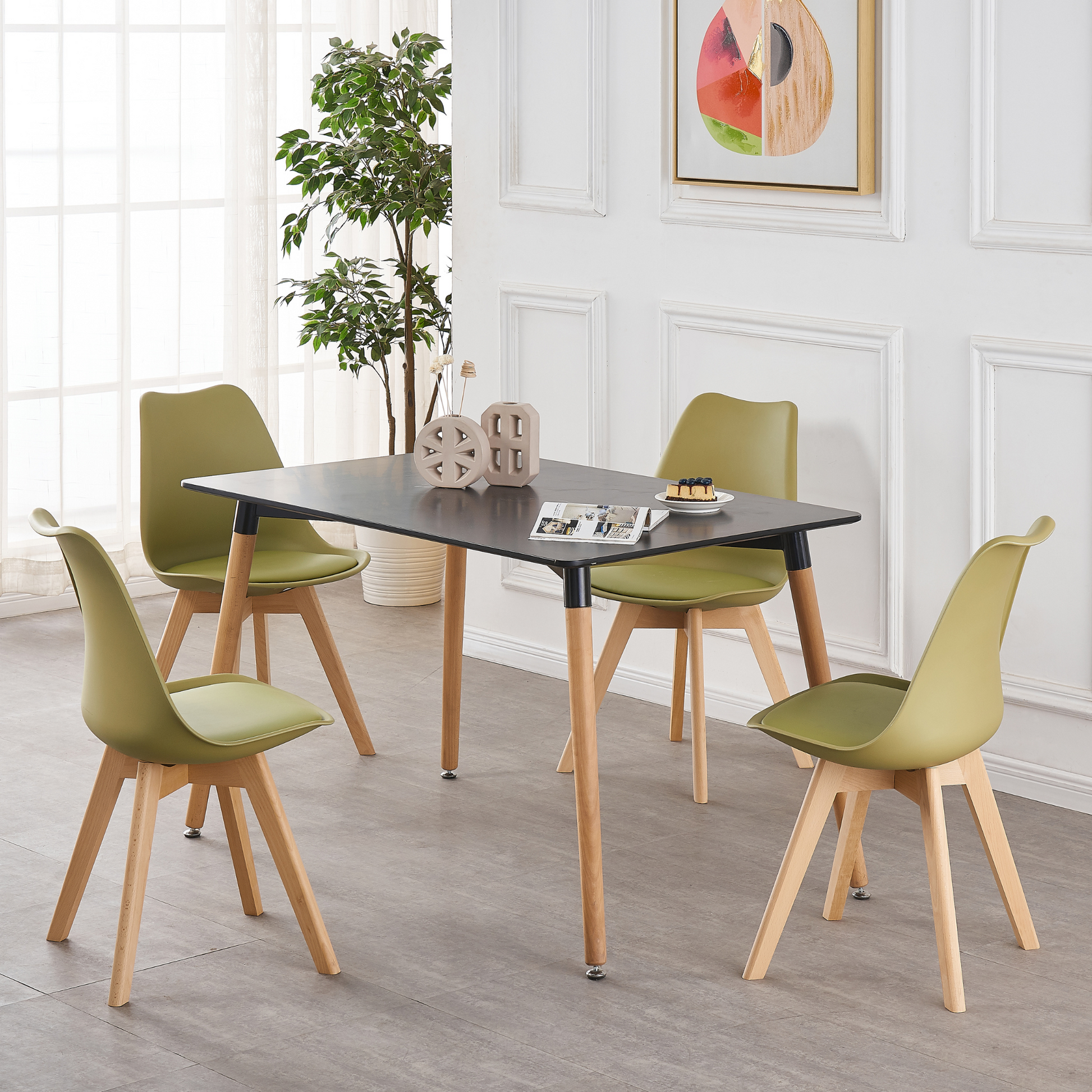 5PCs Dining Set - a Black Halo Dining Table & Set of 4 Lorenzo Tulip chairs with Padded Seat