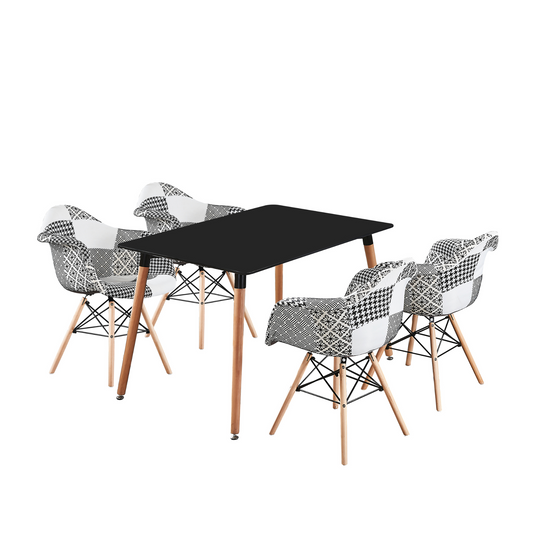 5PCs Dining Set - a Black Halo Dining Table & Set of 4 Black/White Patchwork Accent Chairs