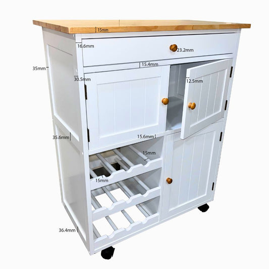 Compact Kitchen Trolley with Wine Rack & Storage – White MDF & Rubber Wood Top