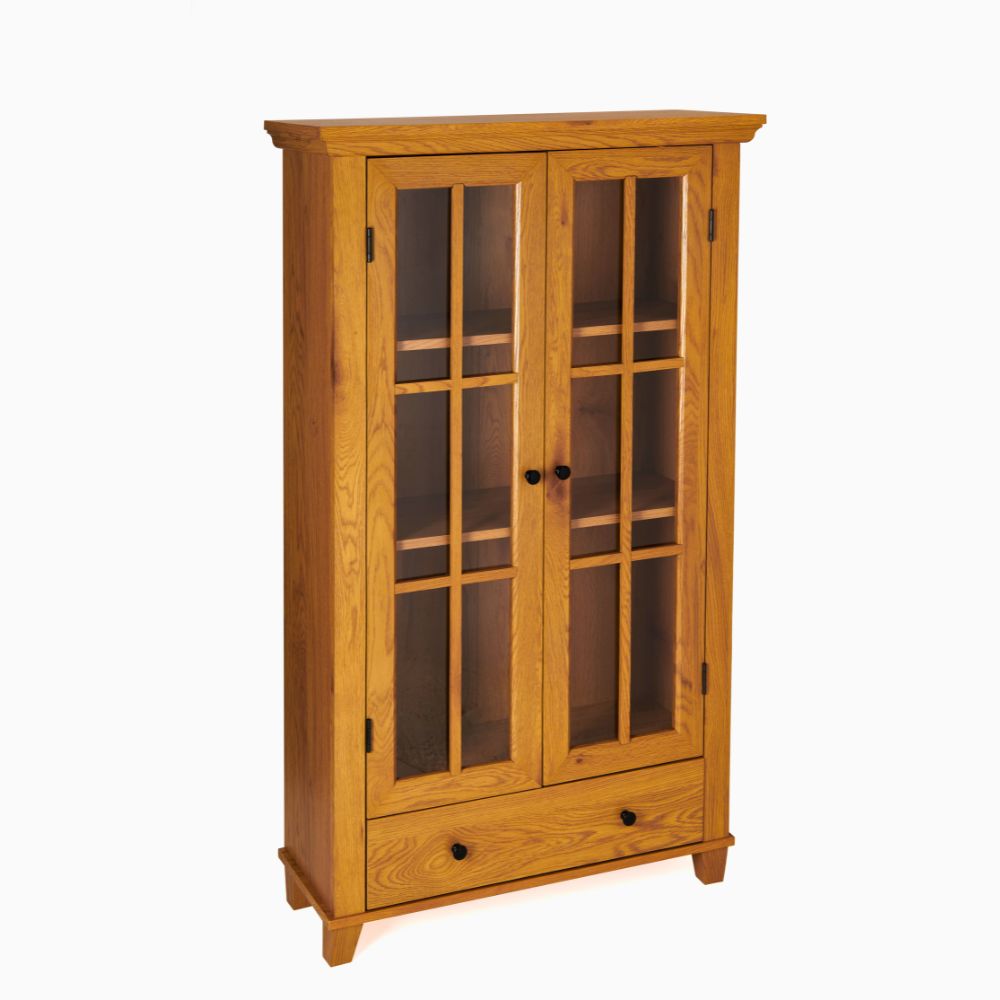 Wood Effect Display Cabinet with Drawer – Adjustable Shelves & Perspex Doors in Oak or Mahogany