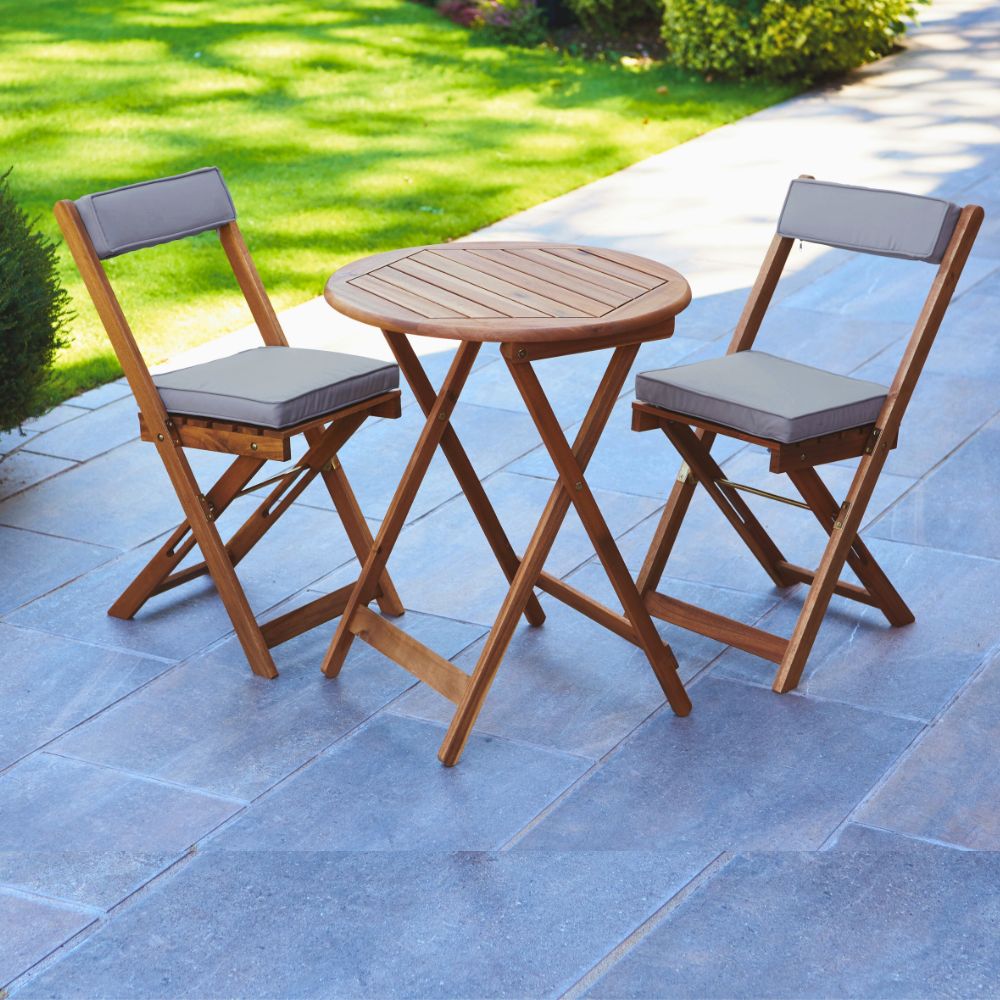 Raffles Foldable Acacia Hardwood Bistro Set with Cushions in Chestnut, White, or Natural Finish