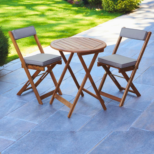 Raffles Foldable Acacia Hardwood Bistro Set with Cushions in Chestnut, White, or Natural Finish