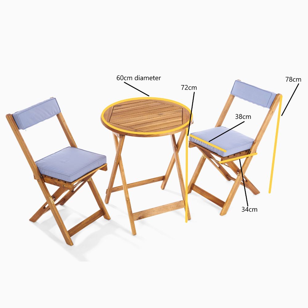 Raffles Foldable Acacia Hardwood Bistro Set with Cushions in Chestnut, White, or Natural Finish