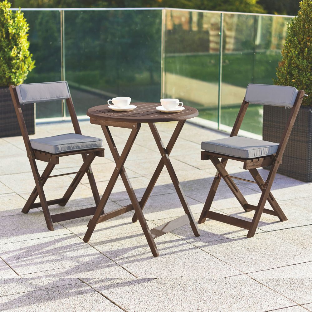 Raffles Foldable Acacia Hardwood Bistro Set with Cushions in Chestnut, White, or Natural Finish
