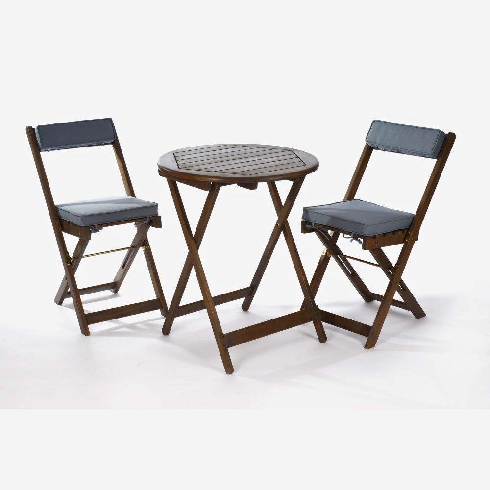 Raffles Foldable Acacia Hardwood Bistro Set with Cushions in Chestnut, White, or Natural Finish