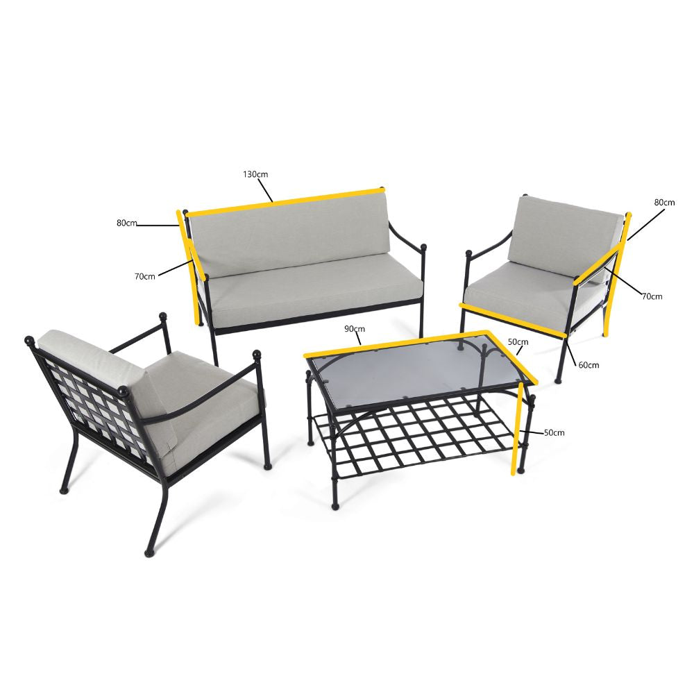 Doverdale Outdoor Steel Sofa Set with Cushions & Glass Coffee Table