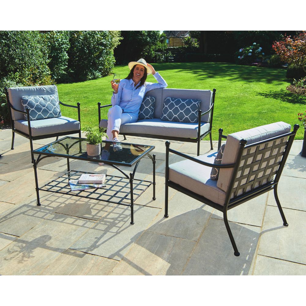 Doverdale Outdoor Steel Sofa Set with Cushions & Glass Coffee Table