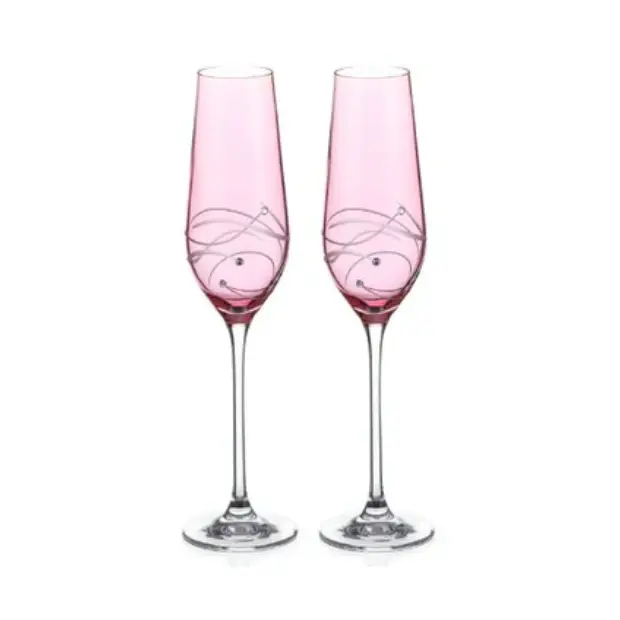 Diamante Pink Champagne Flutes with Spiral Design Cutting - Pair in Gift Box