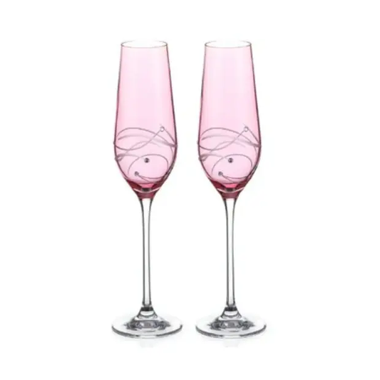 Diamante Pink Champagne Flutes with Spiral Design Cutting - Pair in Gift Box