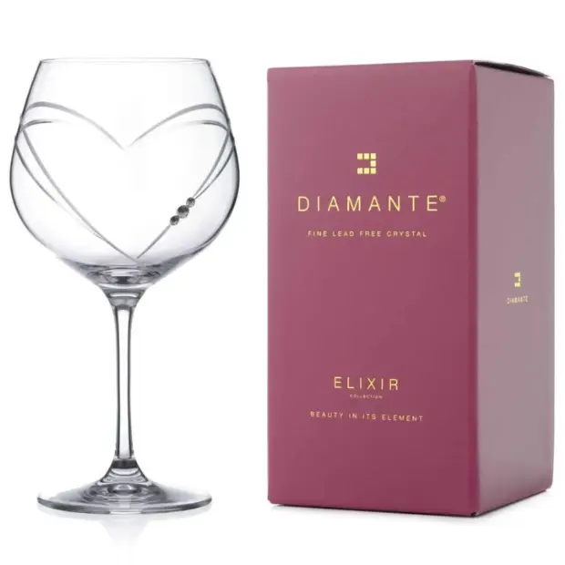 Diamante Gin Glass with Heart Shaped Cutting - 610ml - In Gift Box