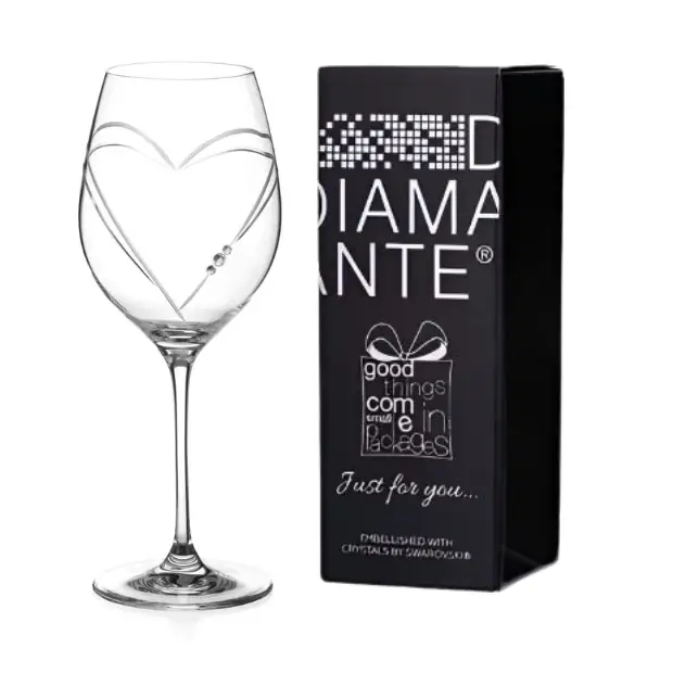 Diamante Wine Glass with Heart Shaped Cutting - In Gift Box