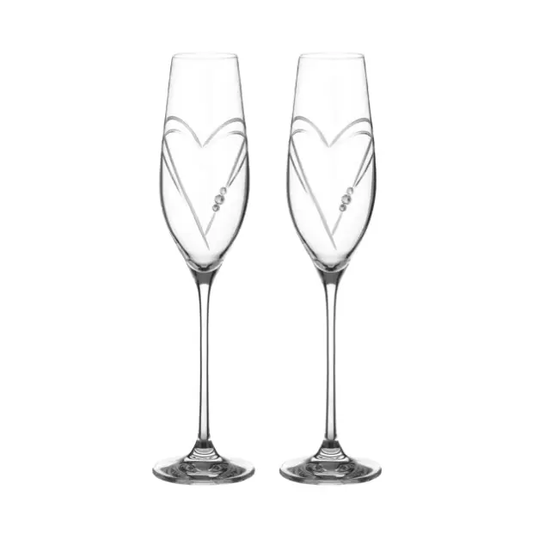 Diamante Champagne Flutes with Heart Shaped Cutting - Pair in Gift Box