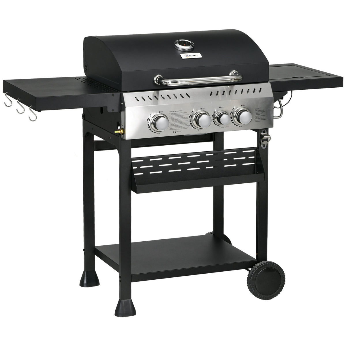 Outsunny 4+1 Burner Propane Gas Barbecue Grill with Thermometer, Bottle Opener