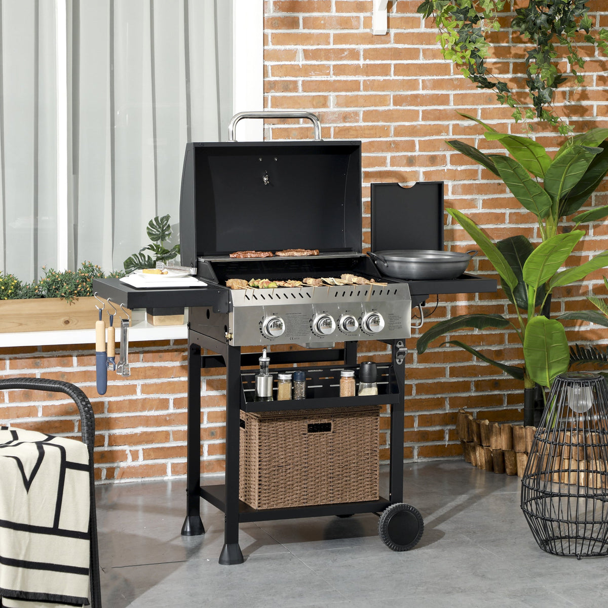 Outsunny 4+1 Burner Propane Gas Barbecue Grill with Thermometer, Bottle Opener