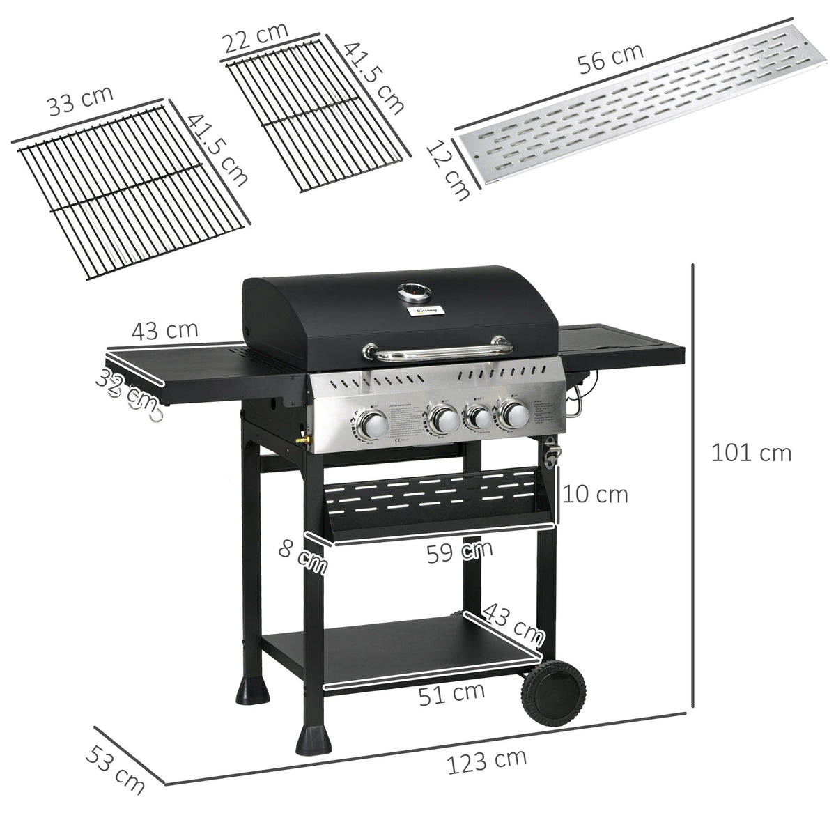 Outsunny 4+1 Burner Propane Gas Barbecue Grill with Thermometer, Bottle Opener